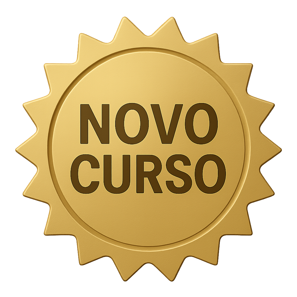Emblema dourado redondo com borda serrilhada, destacando a frase NOVO CURSO, relacionado ao Curso de Português do IDOR PEC-IDOR, símbolo icônico de lançamento de curso